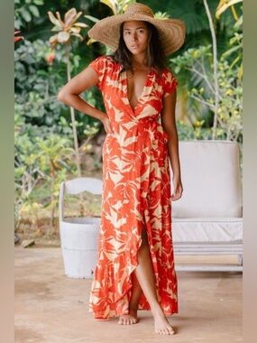 XIX Palms Wrap Maxi Dress in Orange Floral Print